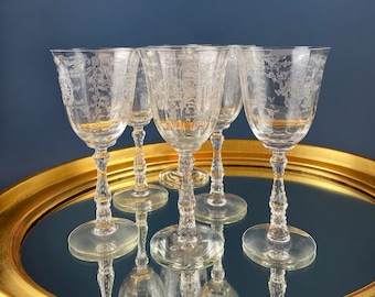 Vintage Fostoria Navarre Wine Goblets. Set of 6 Etched Crystal Glasses. Home Decor. Dining Room Decor. Collectible Glassware. Wedding Gift.