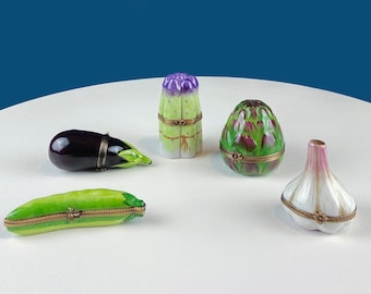 French Limoges Boxes. Miniature Hand-painted Pill Boxes in the Shape of Peapod, Eggplant, Asparagus, Artichoke, and Garlic. Gift for Him/Her