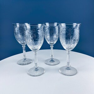 Cut Crystal Vintage Wine Water Goblets. Set of 4 Stemware.  Rock Sharpe Tall Sherbets. Etched Leaf  Motif.