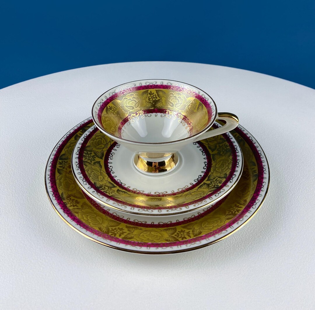 Vintage Bavarian Porcelain Tea Set Trio: Gold Floral, Ruby Red Accent ...