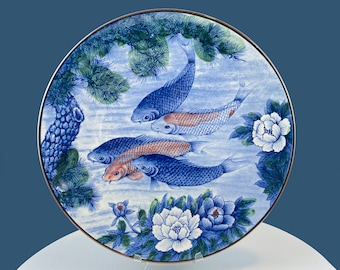 Stunning 16" Platter Handpainted with Koi Fish, Evergreens & Peonies. Made in Japan. Collectible Art Plate. Home Decor. Gift for Him or Her.