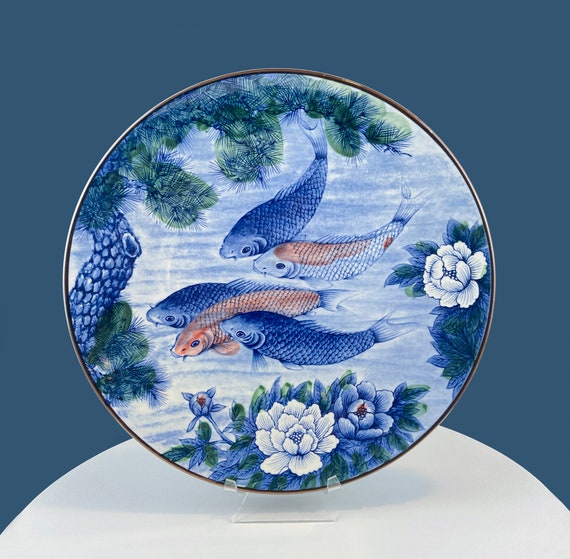 Handpainted Koi Fish Platter: Japanese Collectible Art Plate, 16