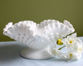 Fenton Crystal Hobnail Bowl. Milk Glass Medium Size Short Footed Bowl. Double Ruffled Scalloped Rim. Wedding Reception or Display Dish. Gift