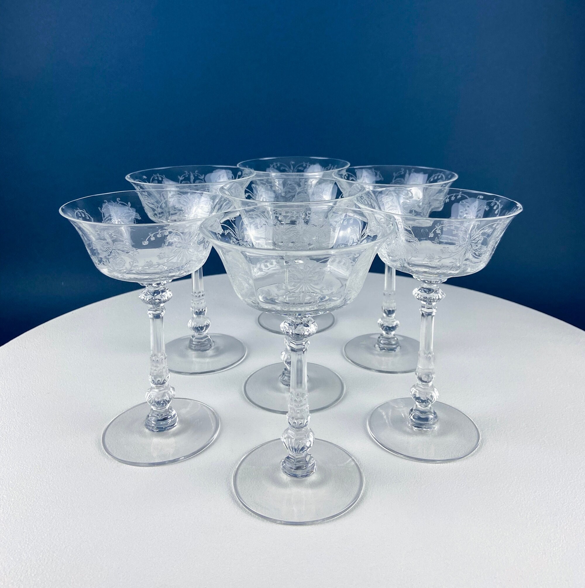 Heisey Champagne Stemware. Set of 6 Orchid Pattern Etched Crystal
