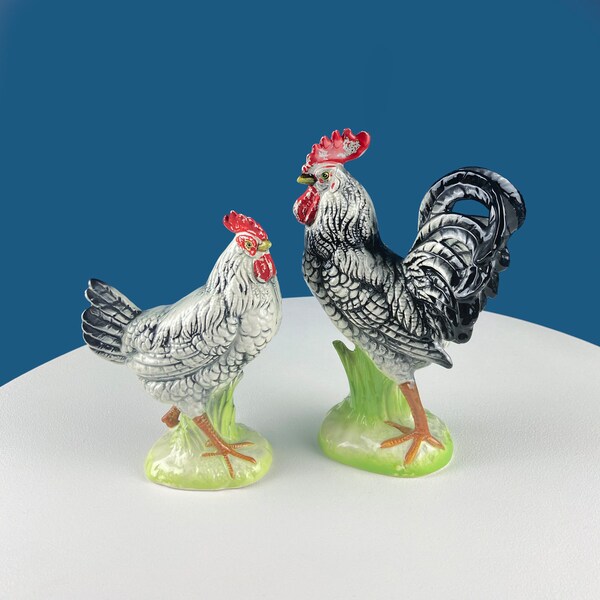 Ceramic Rooster and Hen by Napcoware, Japan. Modern Farmhouse. Rustic Pair of Bird Figurines. Collectible Statuettes. Dining Room Decor.