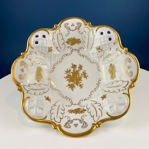 White and Gold Rosenthal Bowl.  Antique Footed Porcelain Serving Dish with Scalloped Rim and Reticulated Motif. Stunning Wedding Gift.