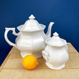 Vintage White Tea Pot and Sugar Bowl. Real English Ironstone by WM Adams and Sons. Micratex, England.