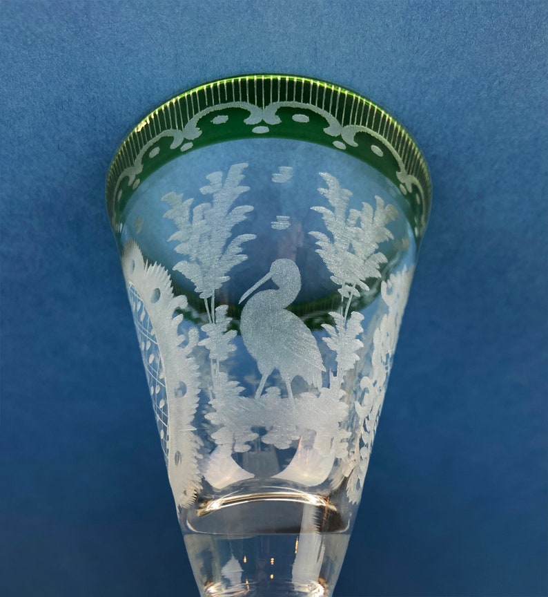 Puede incluir: Una copa de vidrio transparente con un borde verde y un dise&ntilde;o grabado de un p&aacute;jaro de pie en un arbusto.