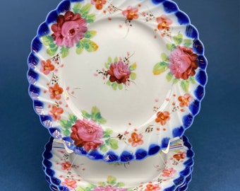 Serving Plates. Set of Four 6" Salad or Dessert Plates. Hand-Painted Cobalt Blue With Red Roses and Scalloped Rim. Collectible Porcelain.