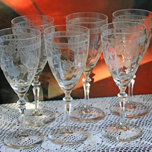Vintage Crystal Water Goblets. Water or Wine Serving Glasses. Etched Water Goblets. Floral Etch, Band at Rim.  Six Crystal Bar Ware.