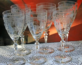Vintage Etched Crystal Water Goblets, Floral Design, Set of 6