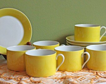 Coffee or Tea Serving Cup and Saucer Set by Fitz & Floyd.  Modern Yellow and White Porcelain Breakfast Set Made in Japan.