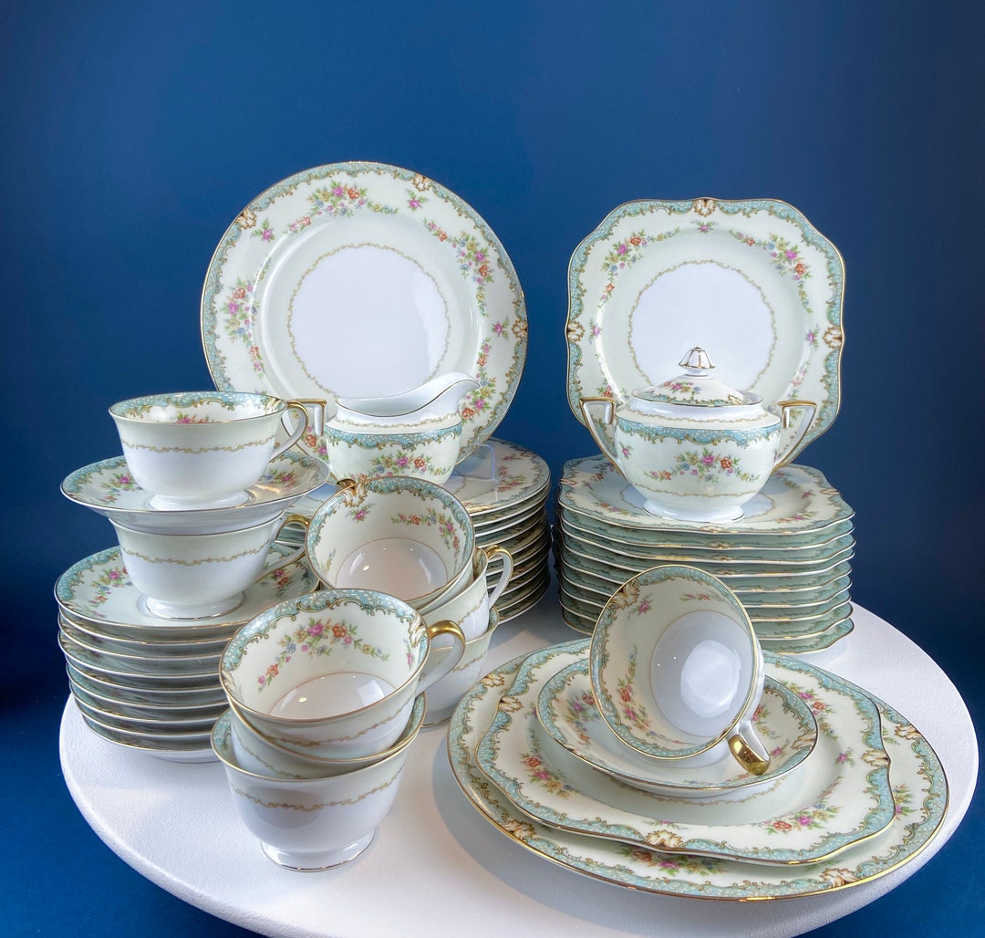 Noritake Dinnerware Set. Powder Blue and Gold With Red Roses. Classic ...