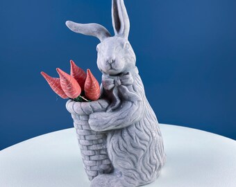 12" Ceramic Standing Bunny Rabbit Figurine with Basket of Carrots. Easter Spring or Home Garden Decor. Modern Farmhouse.