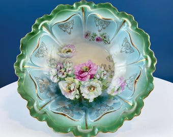 Antique Hand Painted Porcelain Serving Art Bowl. Roses and Snowdrops. Scalloped Brim. Bavaria. Home Decor.