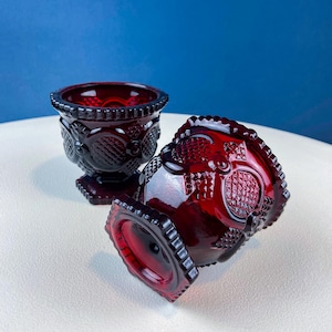 Vintage Ruby Red Avon Cape Cod Small Serving Bowls Cups. Set of 2. Pressed or &quot;Sandwich&quot; Glass, Roman Rosette Pattern. Dining Room Decor.