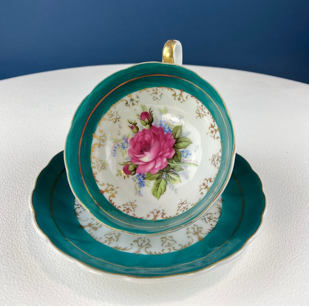Vintage Hand Painted Tea Cup and Saucer, Green Pink Roses, Three Footed ...