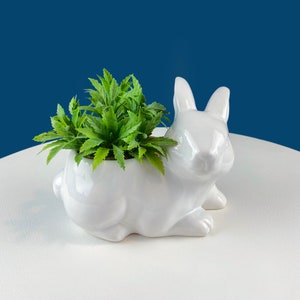 White Ceramic Bunny Planter.  Rabbit Eggs or Candy Container. Easter Grass. Spring Celebration. Modern Farm Decor. Dining Room Decor.