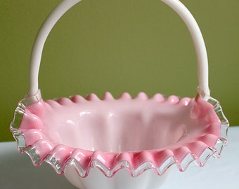Crystal Basket /  Pink Crest and Silvercrest Bowl with Handle.  Ruffled Scalloped Rim.  Gift for Her.