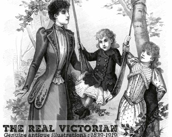 Printable Vintage Art Digital Download: Victorian Mother & Daughters in Garden 1 | Altered Art, Graphic Design, Papercrafts, Scrapbooking