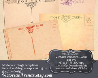 Digital Ephemera: Vintage Postcard Back Templates Set 4 (Photo Backs, Backgrounds, Collage, Journaling, Scrapbooking, Card Making)