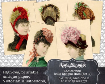 Printable Vintage Art Digital Download: Ladies w/Belle Époque Hats (set 1 ) | Altered Art, Graphic Design, Papercrafts, Scrapbooking