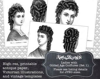 Printable Vintage Art Digital Download: Ladies w/Gilded Age Coiffures (set 1 ) | Altered Art, Graphic Design, Papercrafts, Scrapbooking