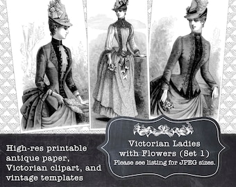 Printable Vintage Art Instant Download: Victorian Ladies with Flowers (Set 1) | Altered Art, Graphic Design, Papercrafts, Scrapbooking