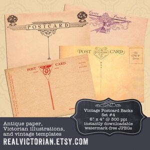 Ephémères numériques : ensemble de 4 modèles de dos de cartes postales vintage (dos de photos, arrière-plans, collage, journalisation, scrapbooking, fabrication de cartes)