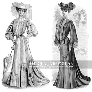 Vintage Fashion Illustrations: Edwardian Ladies on Walks in Outdoor Dresses Set #1 (Digital Download)