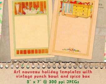 Printable Vintage Background Instant Download: Art Nouveau Spice Box & Punch Bowl Borders | Invitation, Menu, Recipe Card, Tag Templates