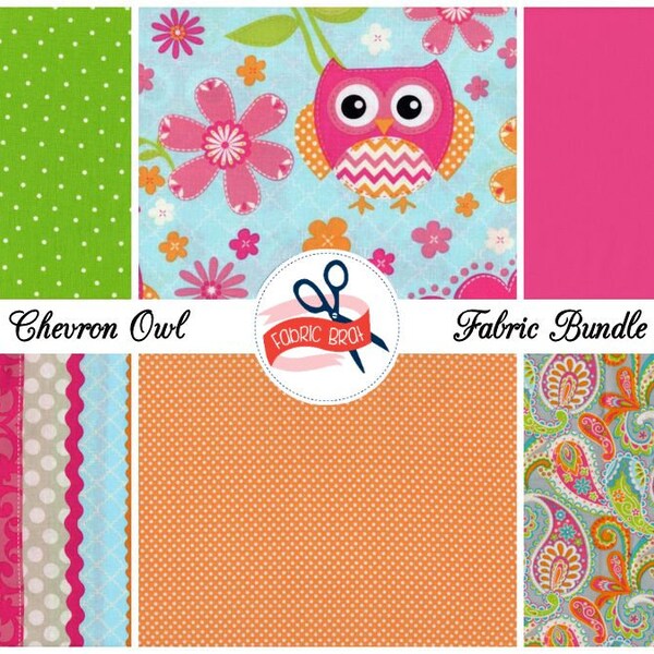 CHEVRON OWL FABRIC by the Yard, Fat Quarter Fabric Bundle 6 Fabrics Pink Orange Lime Blue fabric 100% Cotton Quilting Apparel Fabric Yardage