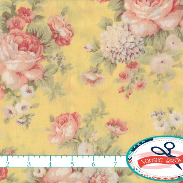 SHABBY ROSE Fabric by the Yard, Fat Quarter FLORAL Fabric Pink & Yellow Peony Fabric Shabby Chic Fabric 100% Cotton Fabric Quilt Fabric t1-6