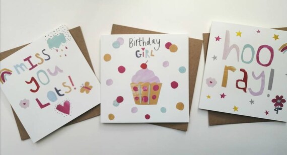 Miss you card, Hooray card, Birthday girl card
