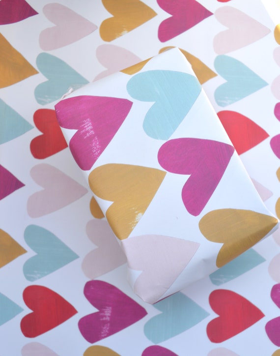 Pretty collaged hearts gift wrap, multi coloured single sheet of A2