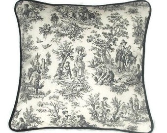 Pillow Cover, Black and White Toile Pillow Cover With Black Braided Cording, Toile Throw Pillow Cover, Black and White Toile, 12 x 24 Inches