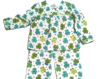 Girl/'s Flannel Pajamas Frog Print In Turquoise And Green On A White Background Size 4 Blue and Green Froggie Print