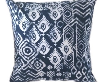 Indoor/Outdoor Pillow Cover In An Indigo Blue and White Geometric Print, Indoor Outdoor Pillow Cover, Zipper Closure, 18 x 18 Inches