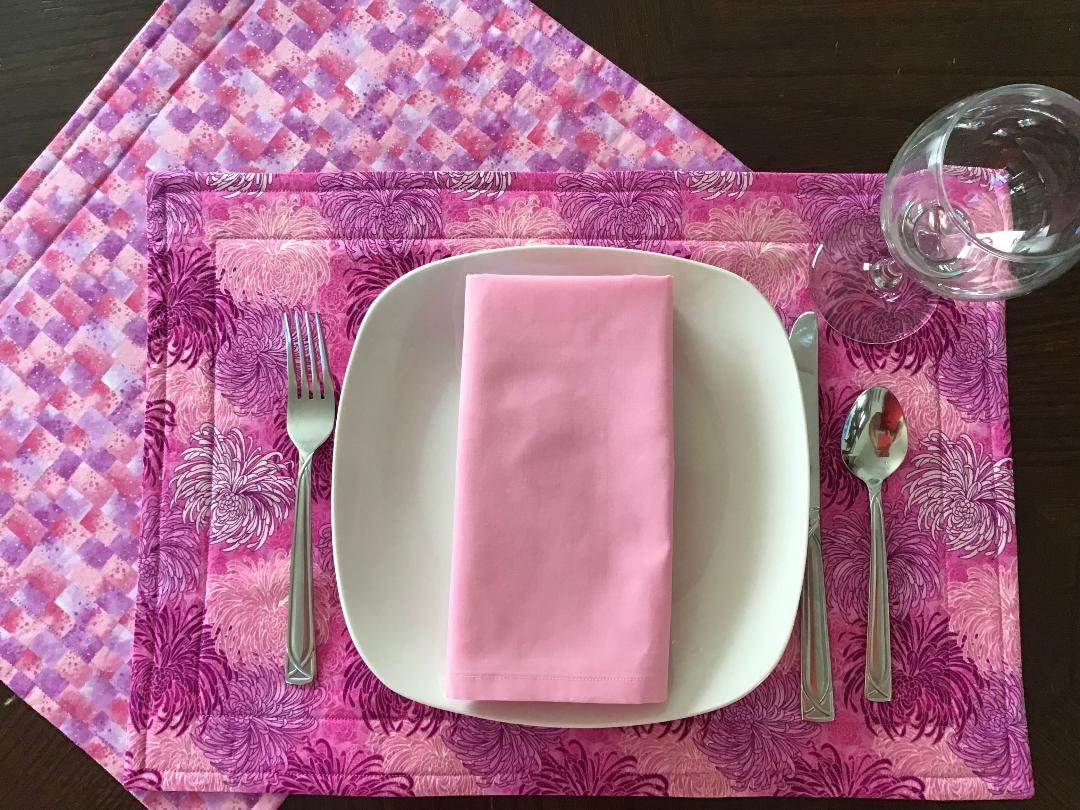 Pink and Lavender Placemat Set, Mum Print in Shades of Pink and