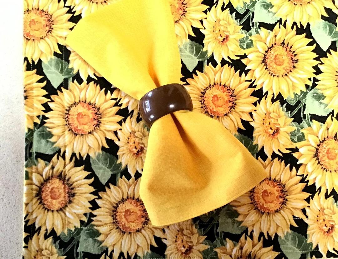 Large Yellow Sunflower Print on Black Placemats and Napkins Etsy