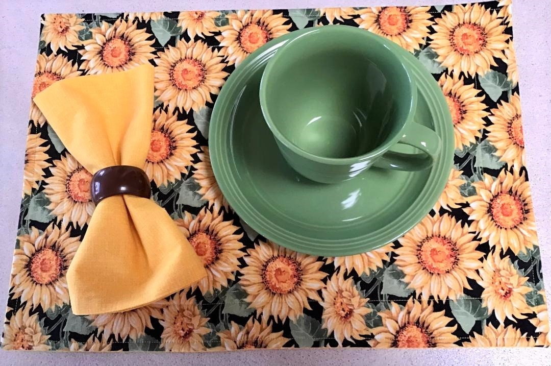 Large Yellow Sunflower Print on Black Placemats and Napkins Etsy
