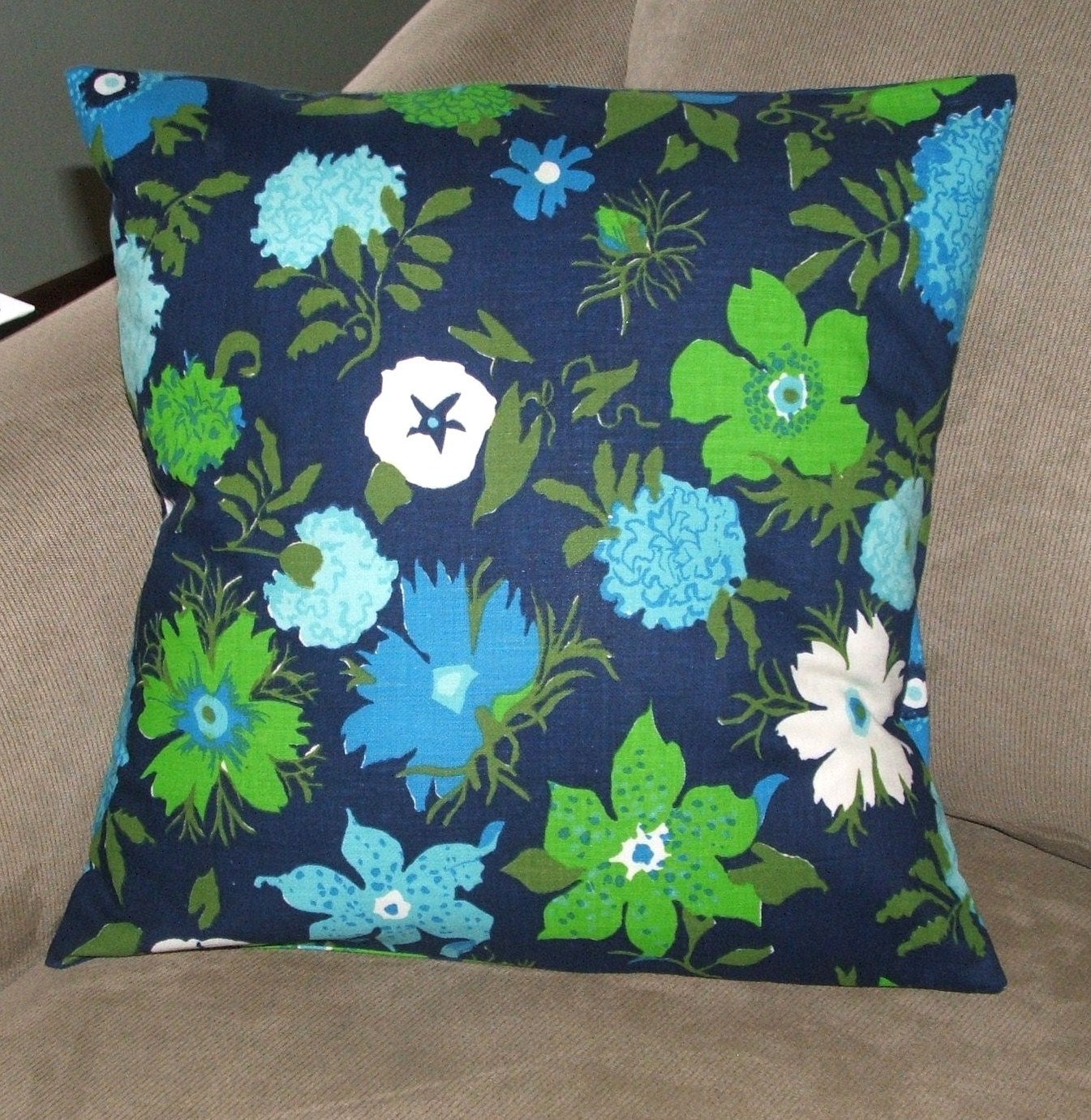Pillow Cover, Navy, Blue and Green Print, Decorative Pillow Cover