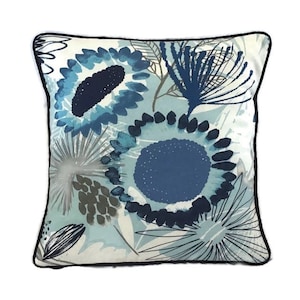 Pillow Cover, Blue Botanical Print With Navy Cording, Shades of Blue on White Botanical Design Pillow Cover, 18 X 18 Inches