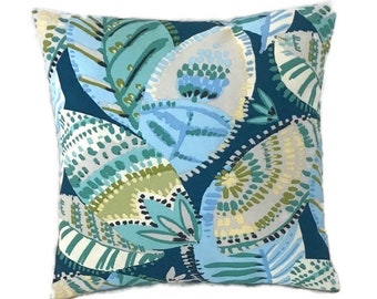 Indoor/Outdoor Pillow Cover, Blues and Greens, Leaf Print, Blue Botanical Print, Zipper Closure, 18 x 18 Inches