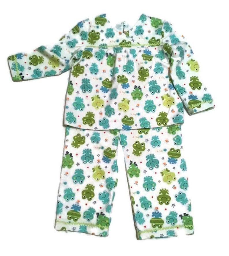 Girl/'s Flannel Pajamas Frog Print In Turquoise And Green On A White Background Size 4 Blue and Green Froggie Print