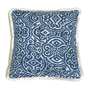 Pillow Cover, Blue And Off-White Fretwork Print With Off-White Looped Fringe, Royal Blue Pillow Cover, Fringed Pillow Cover, 18 X 18 Inches