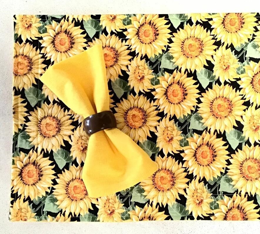 Large Yellow Sunflower Print on Black Placemats and Napkins Etsy