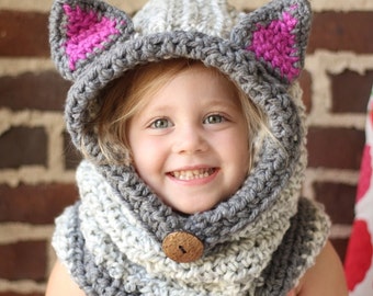 FREE SHIP Kitty Cat Hooded Cowl  -  All Sizes Available