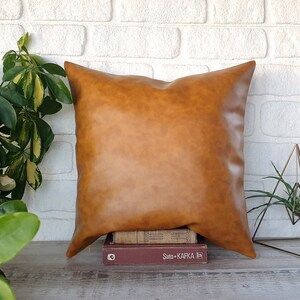 May include: A brown faux leather pillow with a smooth texture. The pillow is sitting on top of a stack of books.