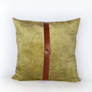 Light green baby face velvet soft fabric pillow cover with dark brown faux leather straps/faux leather pillow/Housewarming Gift-1qty